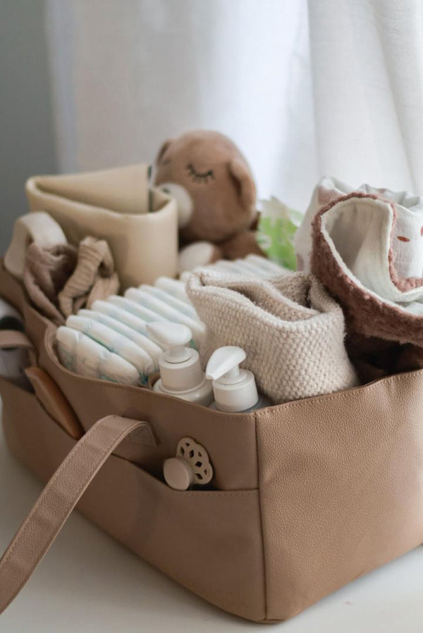 Vegan Leather mat + Caddy Diaper Bag | Tan