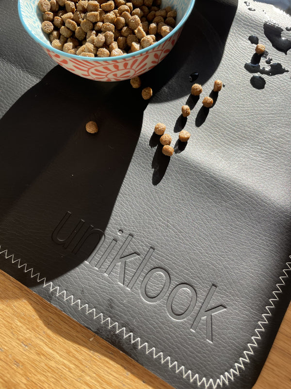 Leather pet food mat | 30"x16" | Black, Cream