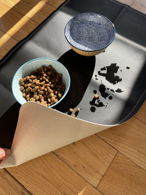 Leather pet food mat | 30"x16" | Black, Cream