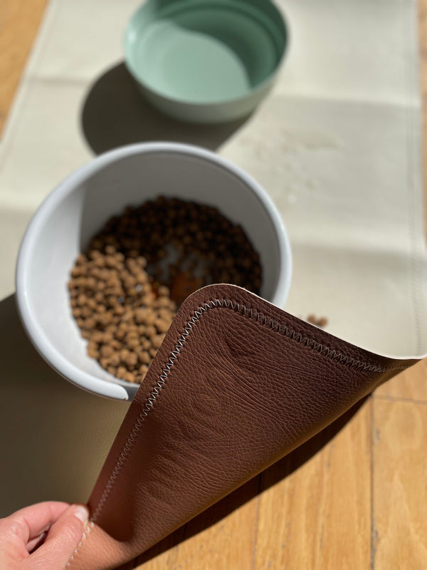Leather pet food mat | 30"x16" | Ivory, terra