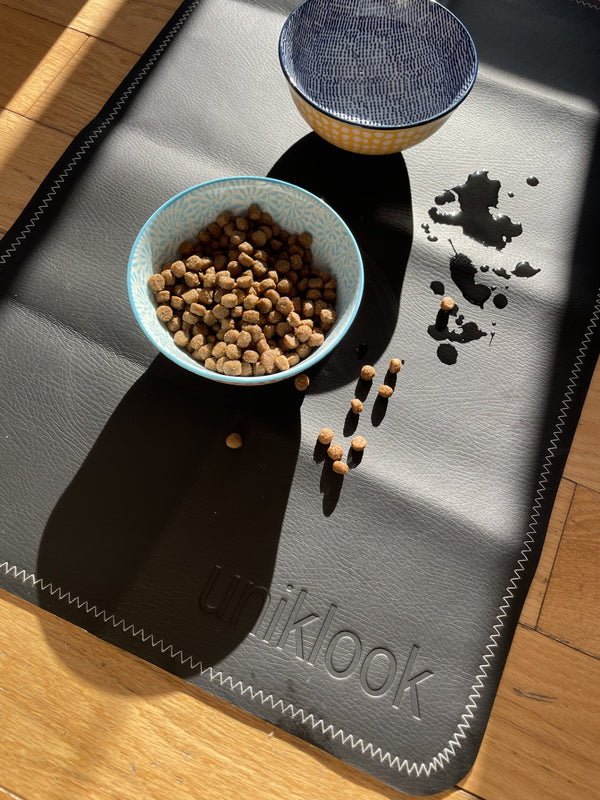 Leather pet food mat | 30"x16" | Black, Cream