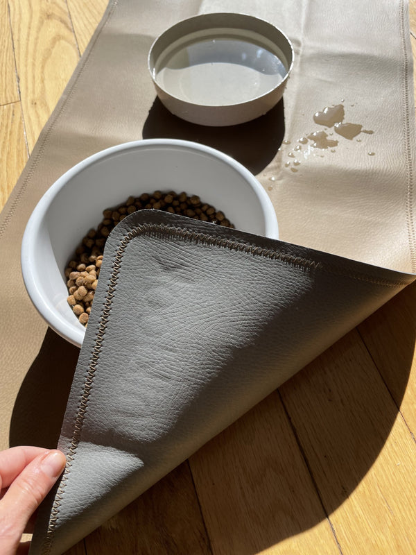 Leather pet food mat | 30"x16" | Tan, gray