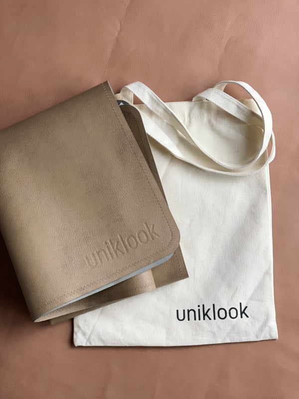 Tan and Gray vegan leather 39"x39" uniklook fold mat with transport bag