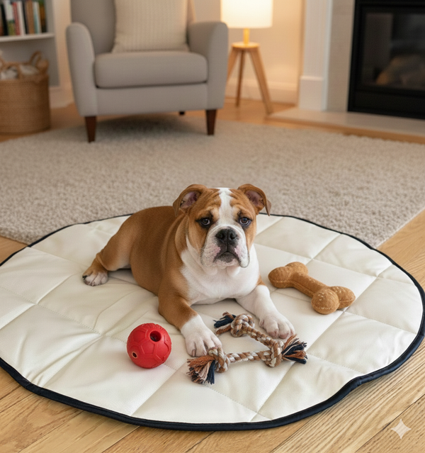 bulldog on a uniklook round vegan leather dog bed