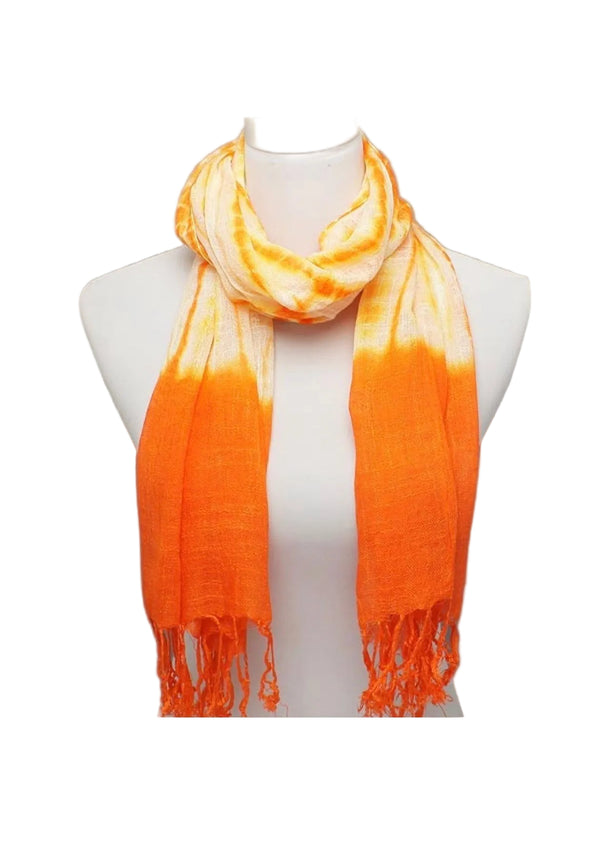Orange and yellow gradient scarf on a mannequin against a gray background