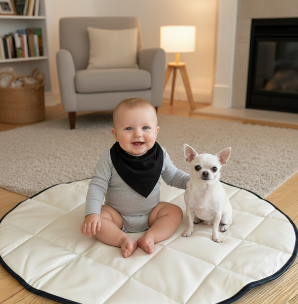 Quilted Vegan Leather Round Floor Mat — Black & Cream | 47"