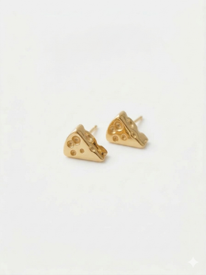 Gold cheese slice earrings on a white background