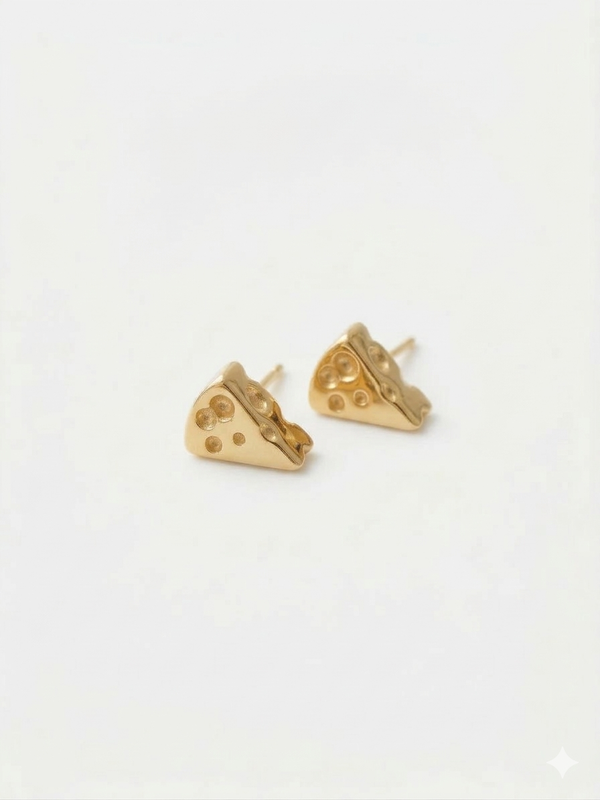 Gold cheese slice earrings on a white background