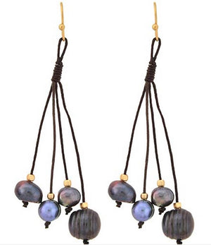 Pair of earrings with dark beads and gold accents on a white background