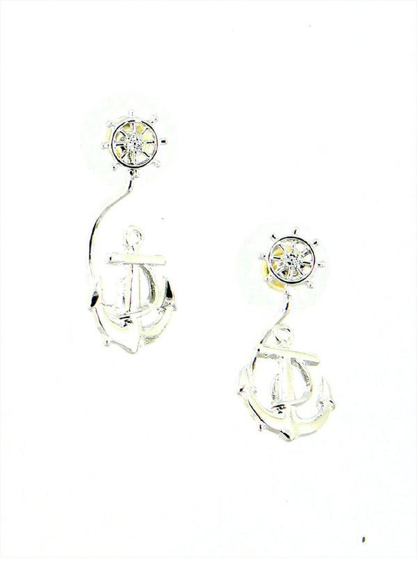 Silver anchor-shaped earrings with clear gemstones on a white background