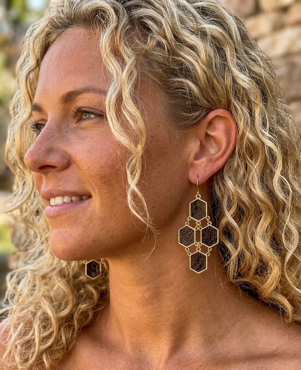 Woman wearing gold hexagonal earrings with a blurred natural background