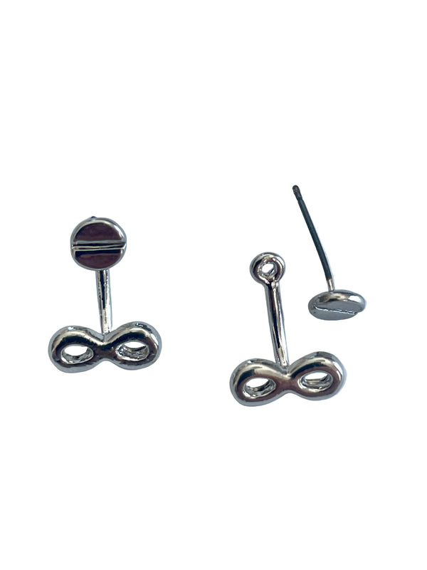 Silver infinity symbol earrings on a light gray background