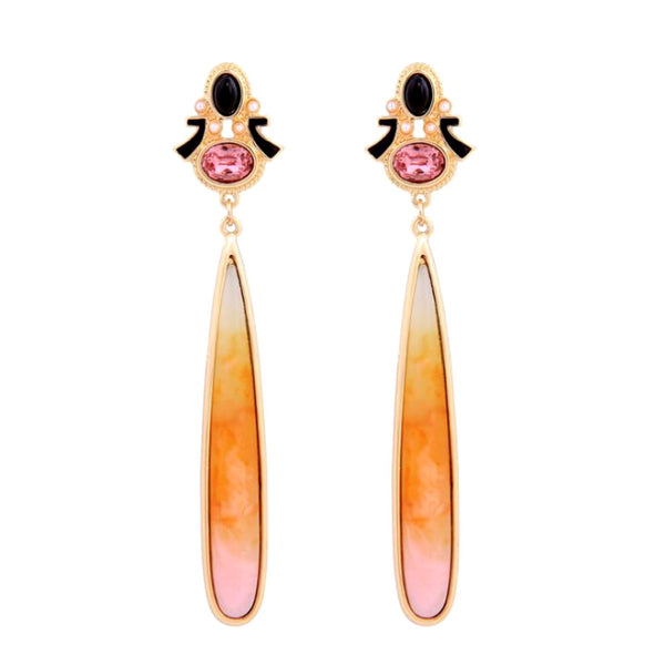 Pair of earrings with pink and orange teardrop-shaped stones on a white background