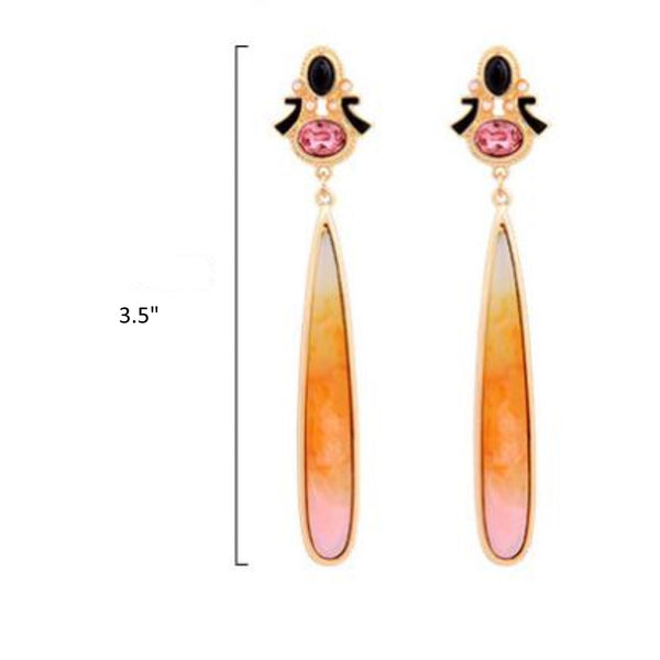 Pair of earrings with pink and orange gradient drops on a white background