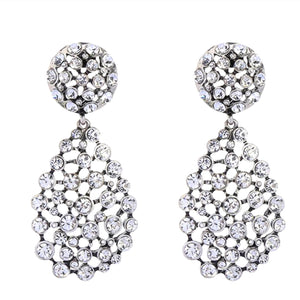 Pair of silver earrings with crystal embellishments on a white background