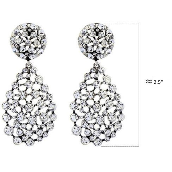 Pair of silver earrings with clear stones on a white background