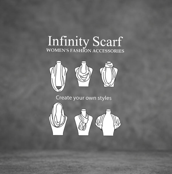 Infinity scarf fashion accessories with text on a dark background