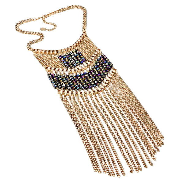 Gold fringe necklace with beaded center on a light gray background