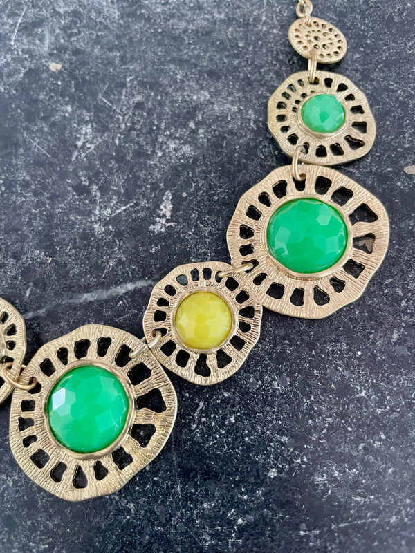 Green + Yellow design medallion statement gold necklace