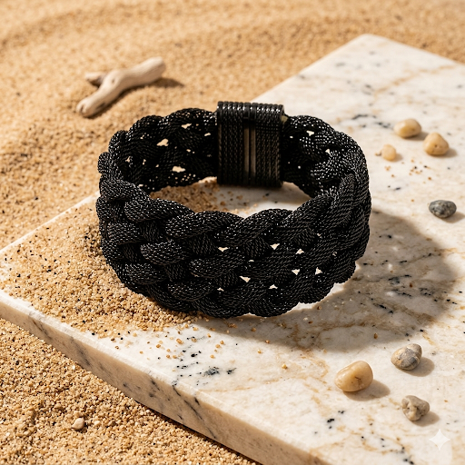 Black braided bracelet on a textured surface with sand and pebbles