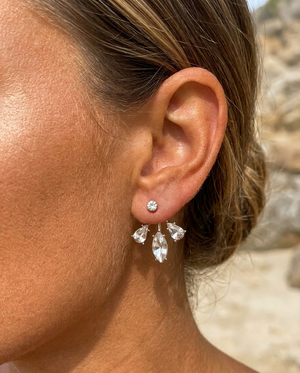 Close-up of an ear wearing a set of diamond earrings with a blurred natural background.
