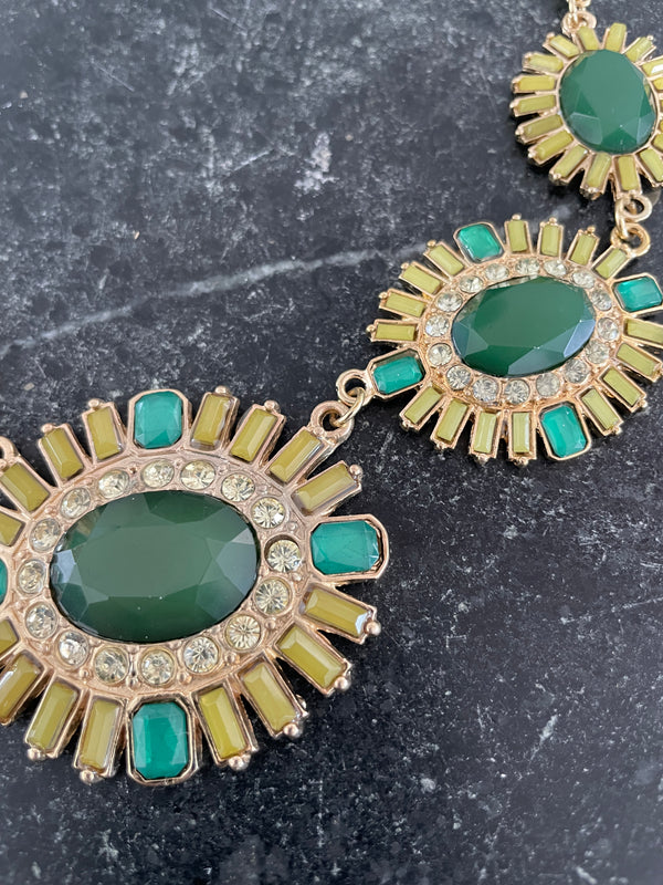 Green Sunburst Pendant Gold Statement Necklace