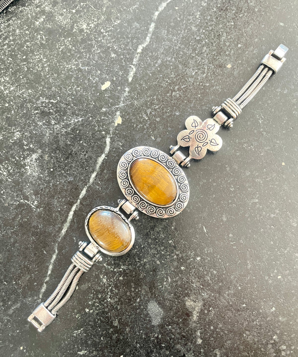 Bohemian Vintage Tiger's Eye Silver Statement Bracelet