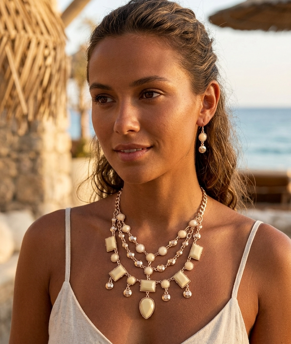 Cream & Gold Dangling Statement necklace Earrings