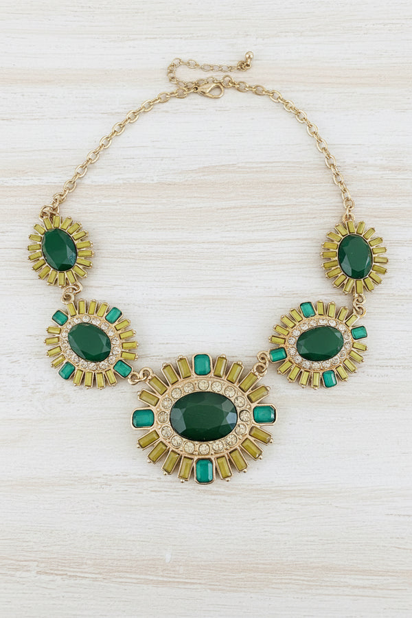 Green Sunburst Pendant Gold Statement Necklace