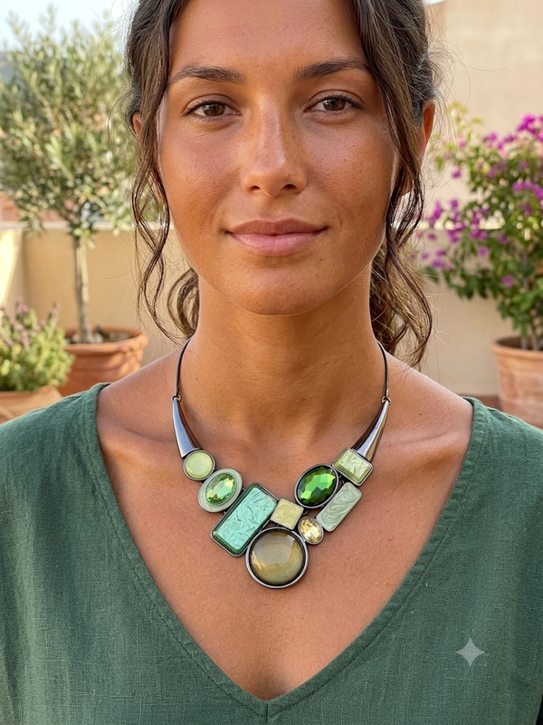 Woman wearing a green and silver necklace outdoors with plants in the background