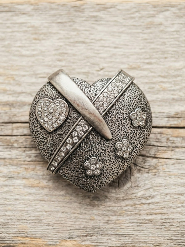 Vintage Silver-Tone Heart Belt Buckle with Rhinestone Bling