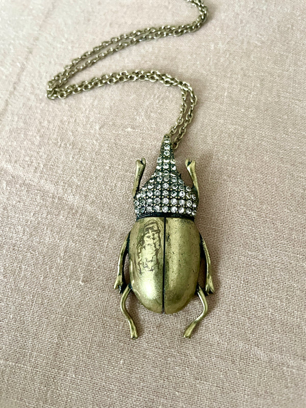 Vintage-Inspired Crystal Rhinestone Beetle Pendant Necklace
