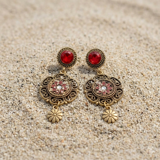Ornate earrings with red gemstones on a sandy surface