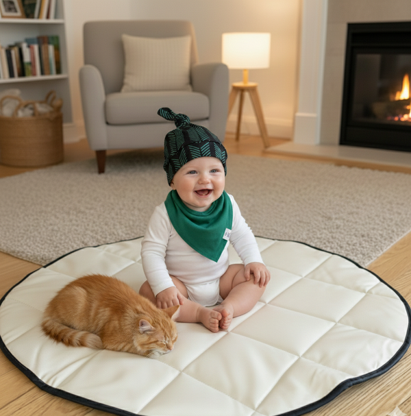 Quilted Vegan Leather Round Floor Mat — Black & Cream | 47"