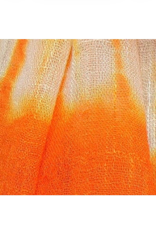 Close-up of orange fabric with a textured pattern on a white background