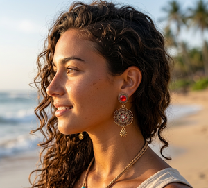 Woman with curly hair and earrings on a beach