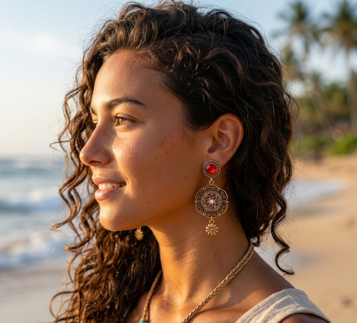 Woman with curly hair and earrings on a beach