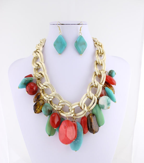 Colorful Beads Chunky Chain Necklace Earrings Set