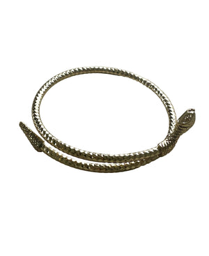 Silver snake-shaped bracelet on a light gray background