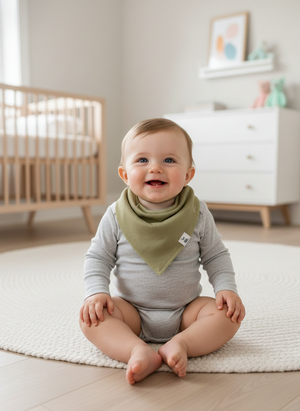 Baby sitting on a rug in a nursery wearing a green bib and gray outfit.