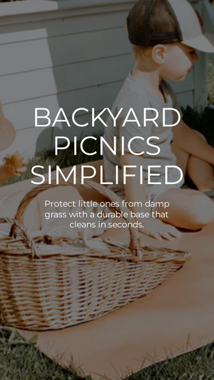 Person sitting on a blanket with a picnic basket, text overlay about backyard picnics simplified.