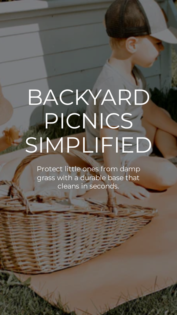 Person sitting on a blanket with a picnic basket, text overlay about backyard picnics simplified.