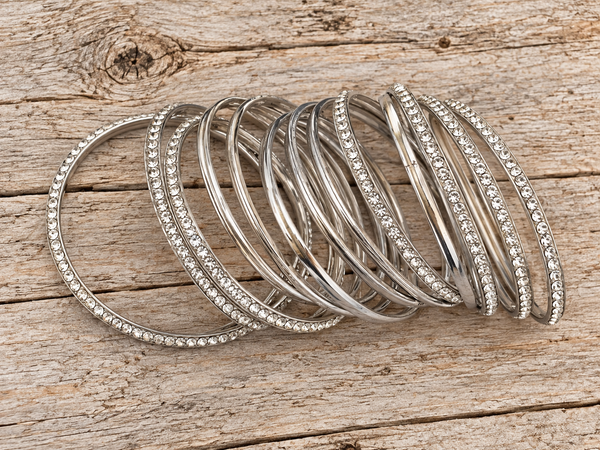 13-Piece Silver Tone Rhinestone & Polished Bangle Bracelet Set