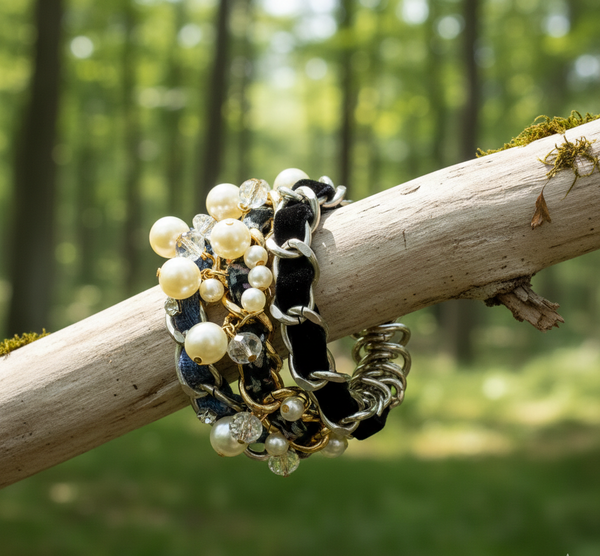 Three bracelets with pearls and chains on a branch in a forest setting