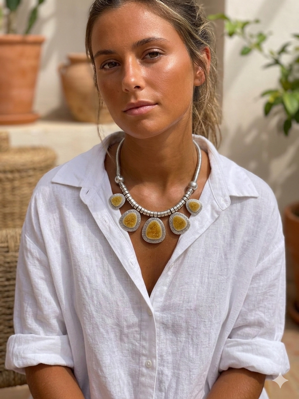 Woman wearing a white shirt and a decorative necklace with potted plants in the background
