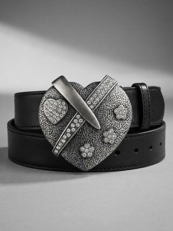 Vintage Silver-Tone Heart Belt Buckle with Rhinestone Bling