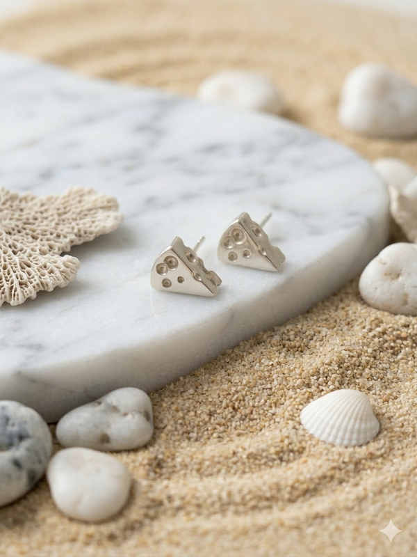 Silver heart-shaped earrings on a marble stone with seashells and coral.