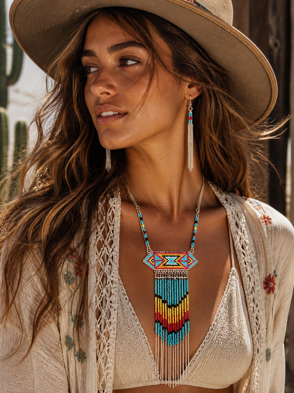Statement Fringe Aztec Necklace Earrings set