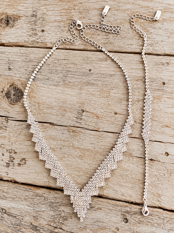 Clear Rhinestone V-Shaped Statement Necklace & Bracelet Set