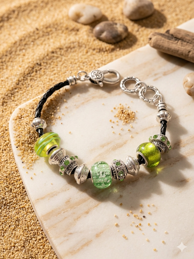 Silver bracelet with green beads on a stone surface with sand and stones in the background